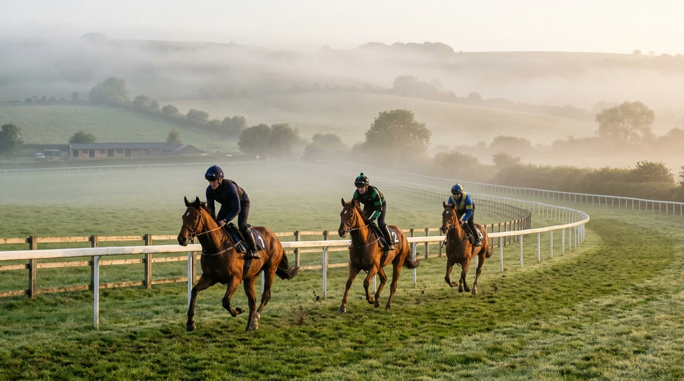 Racehorses exercising on a misty morning gallop at a British training yard with stable staff on horseback