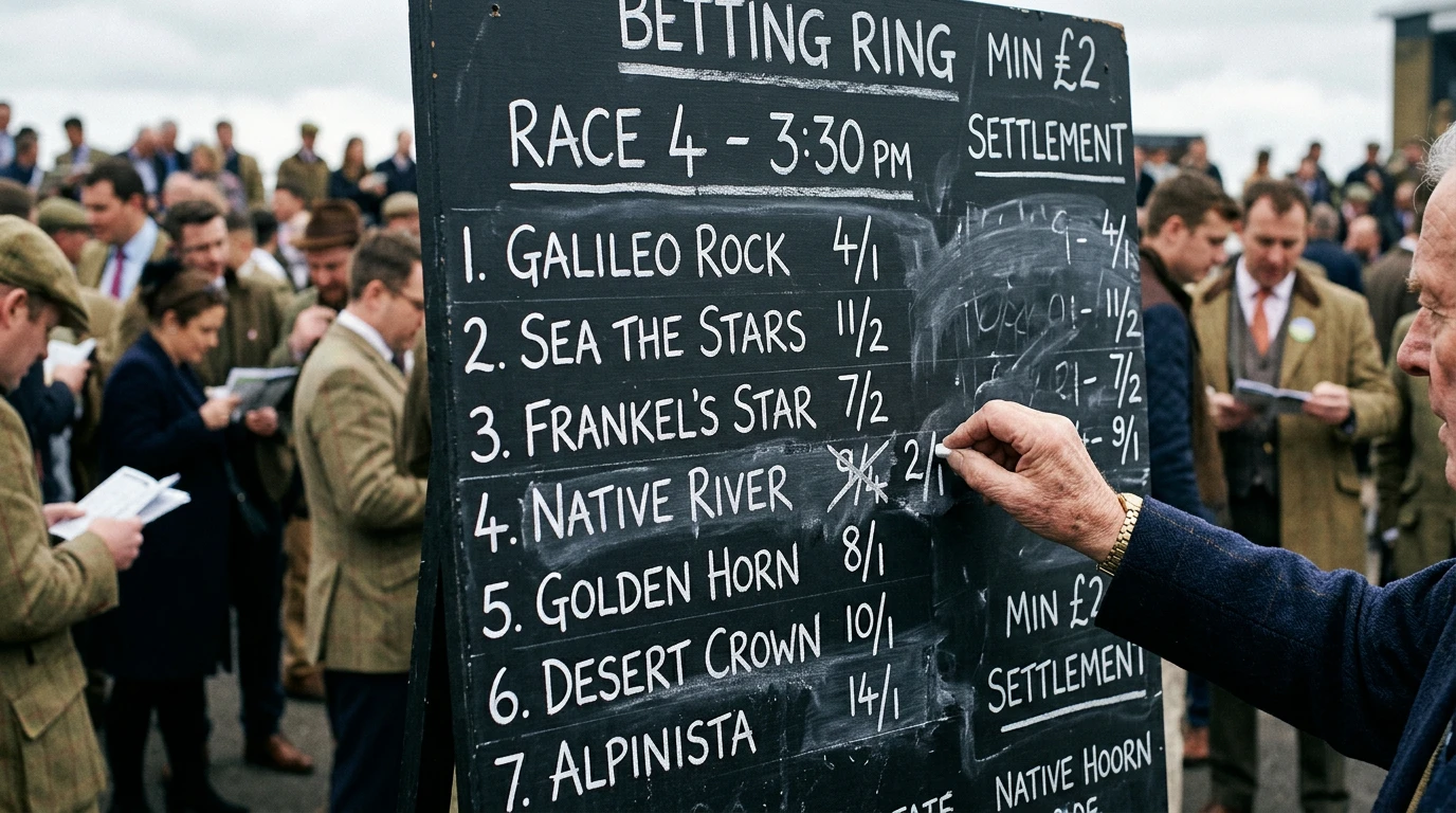 Close-up of a traditional bookmaker odds board at a British racecourse showing fractional prices for runners