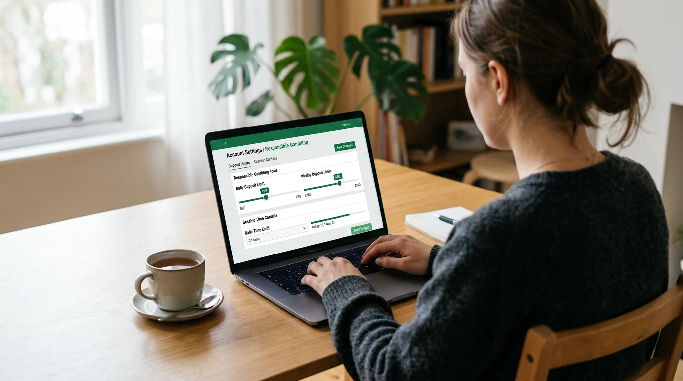 Person reviewing their betting account settings on a laptop screen showing deposit limit and session timer controls