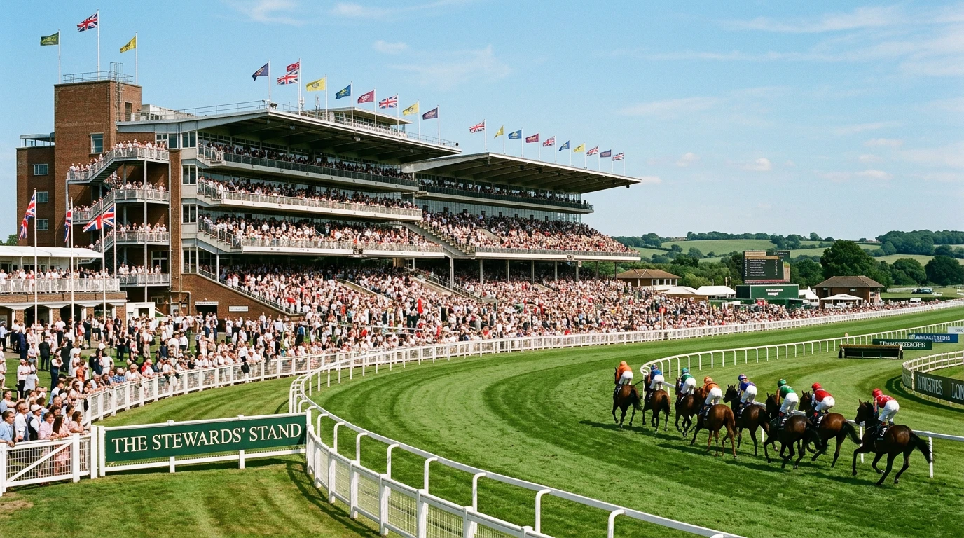 Panoramic view of a busy British racecourse grandstand with punters watching horses on the turf track