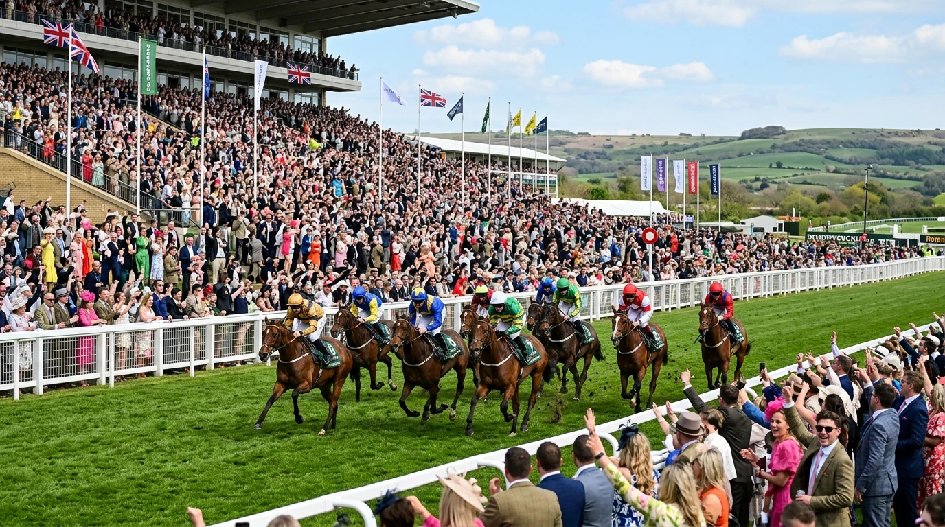 Enthusiastic crowd at a major UK horse racing festival with horses racing past the grandstand on a spring afternoon