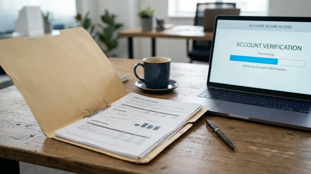 Document folder with financial paperwork and a laptop showing a betting account dashboard with a verification prompt