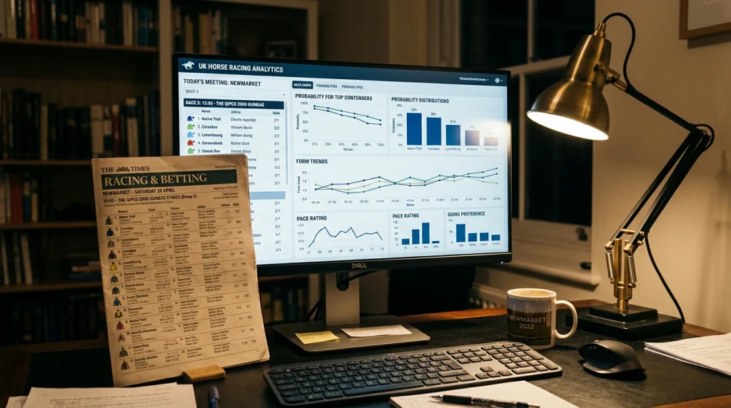 Computer screen displaying a machine learning model output alongside a traditional UK racecard