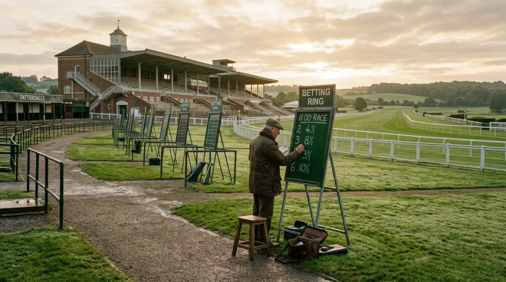 Early morning odds board at a UK racecourse showing prices before Best Odds Guaranteed settlement