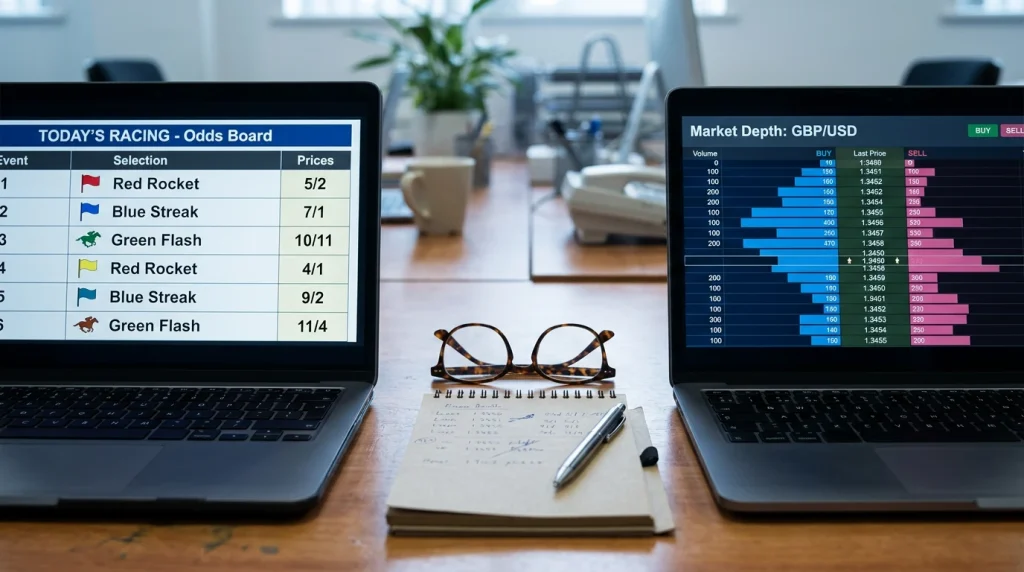 Two contrasting screens showing a traditional bookmaker odds board and a Betfair-style exchange ladder