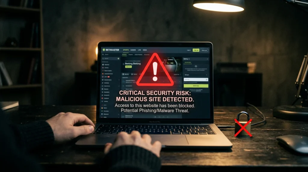 Laptop screen showing an unlicensed betting site with warning overlays and a padlock icon struck through