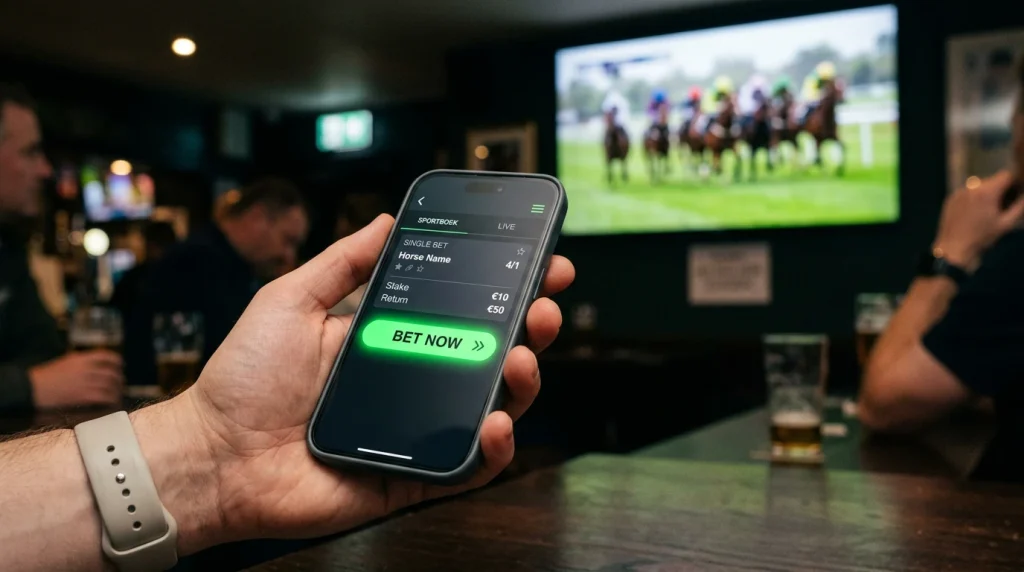 Mobile phone screen showing a cash-out button with a live horse race in the background