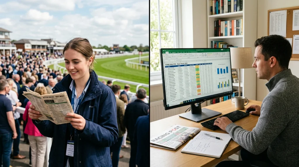 Split image of a casual punter with a racecard at a course and a serious punter studying form on multiple screens at home