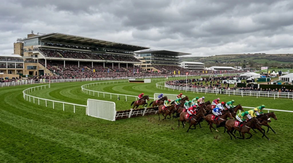 Cheltenham racecourse amphitheatre with runners jumping the final fence during the Festival