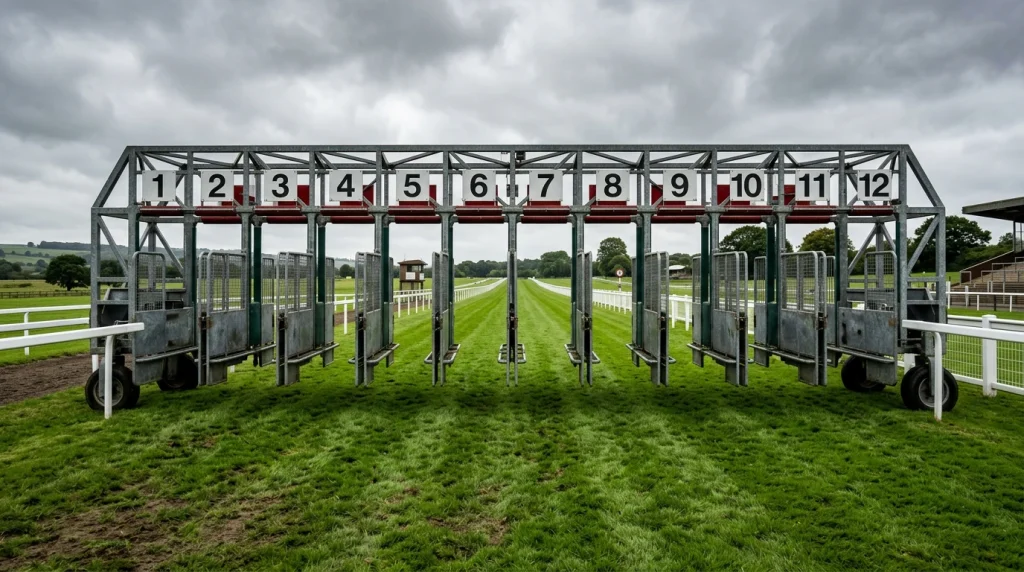 Starting stalls on a straight track showing numbered positions and the rail bias at a UK Flat course
