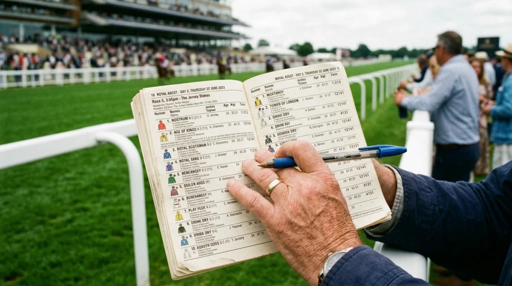 Punter studying a UK horse racing racecard before placing an each-way bet at the track