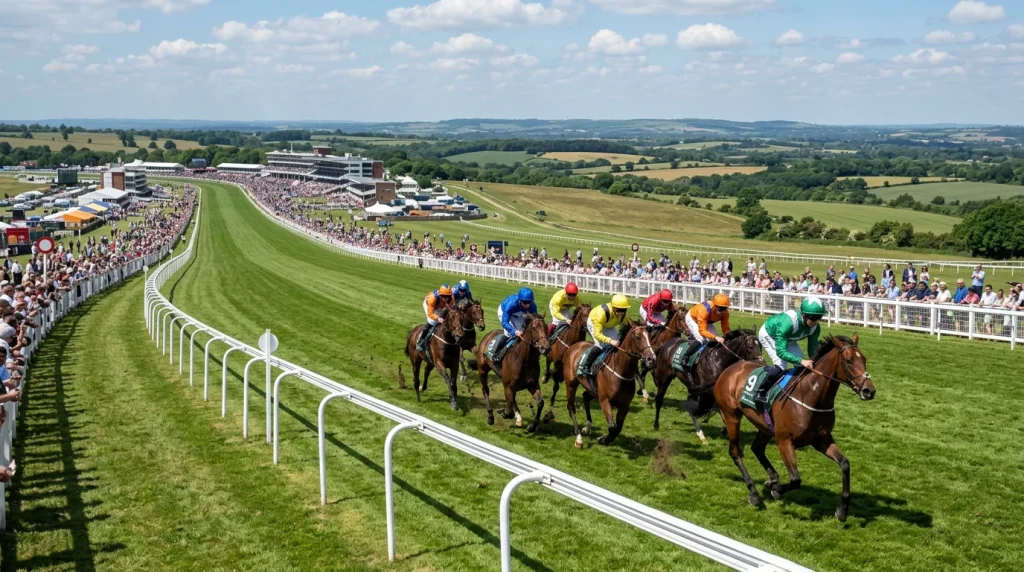Tattenham Corner at Epsom Downs showing the famous camber and runners sweeping downhill