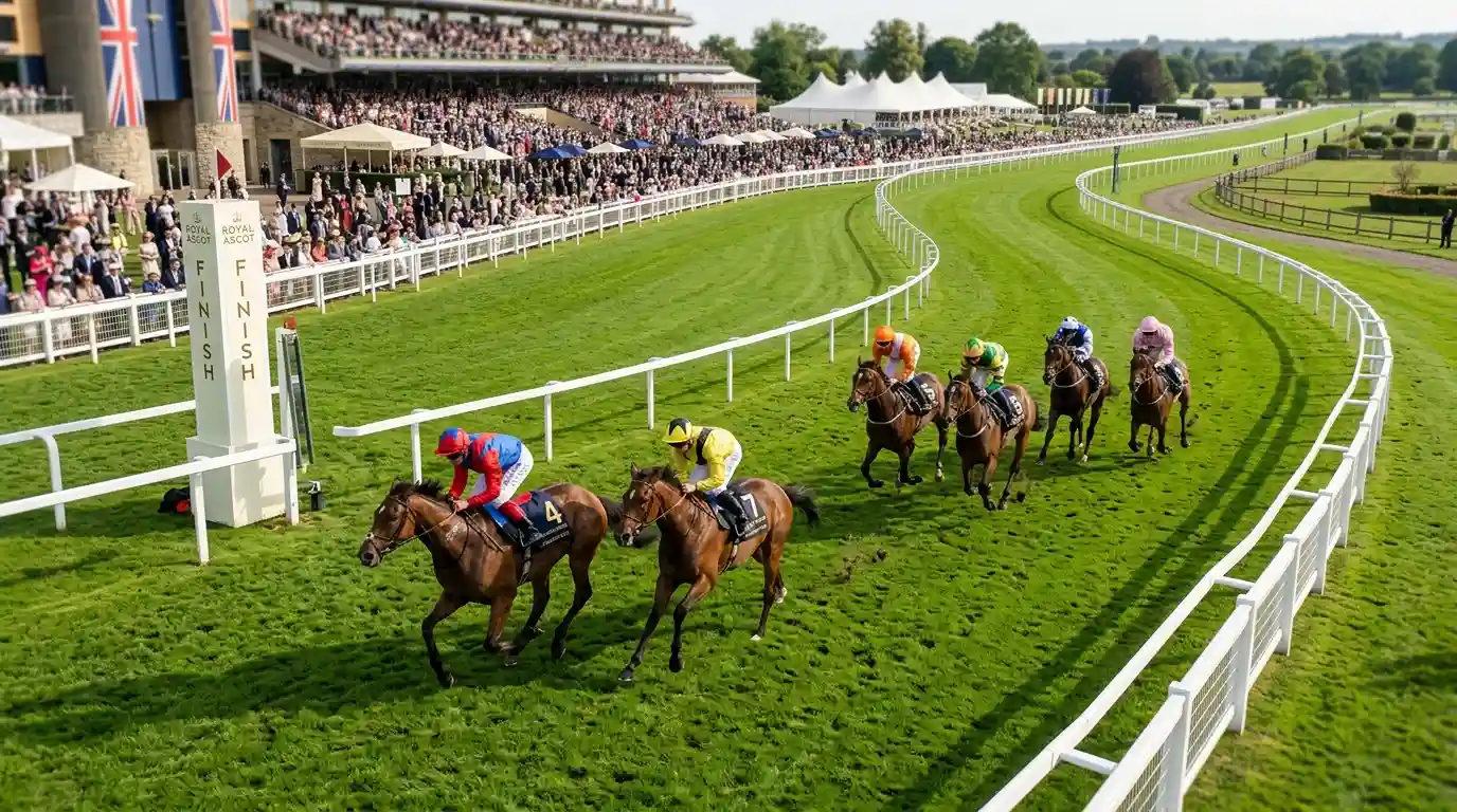Overhead view of a British racecourse with horses approaching the finishing post