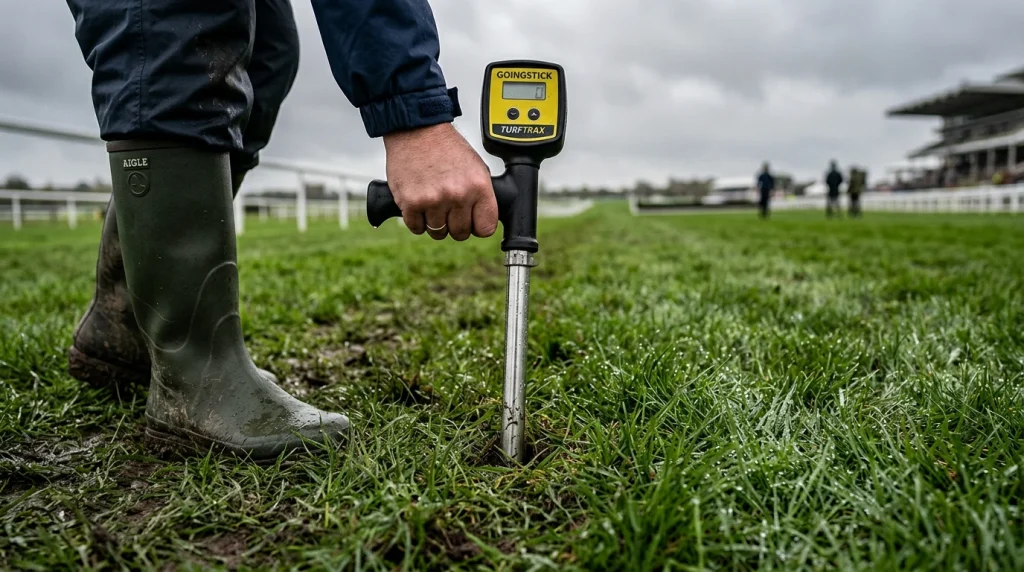Close-up of racecourse turf with a GoingStick measurement being taken by a clerk of the course