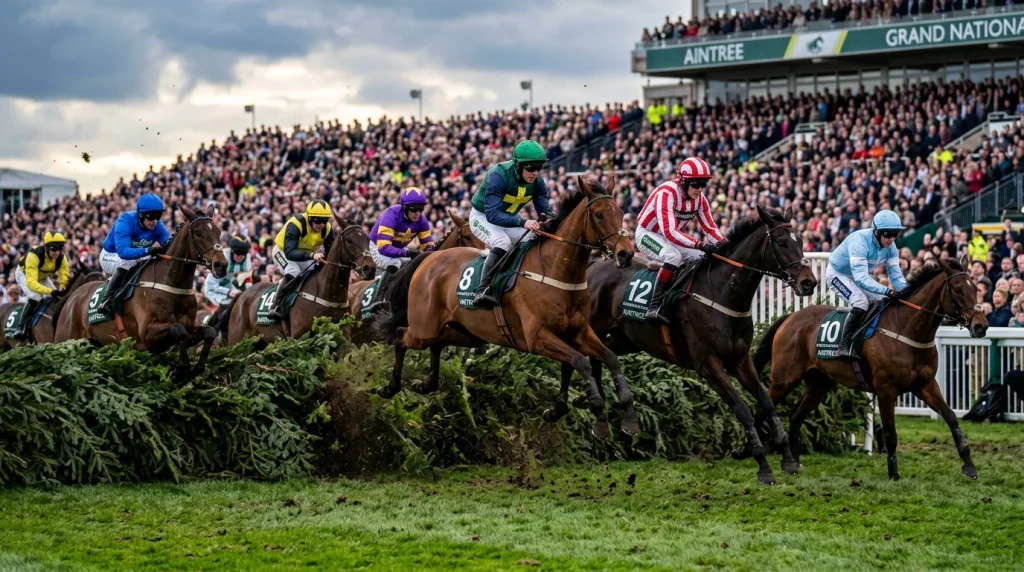 Runners clearing the famous Aintree fences during the Grand National