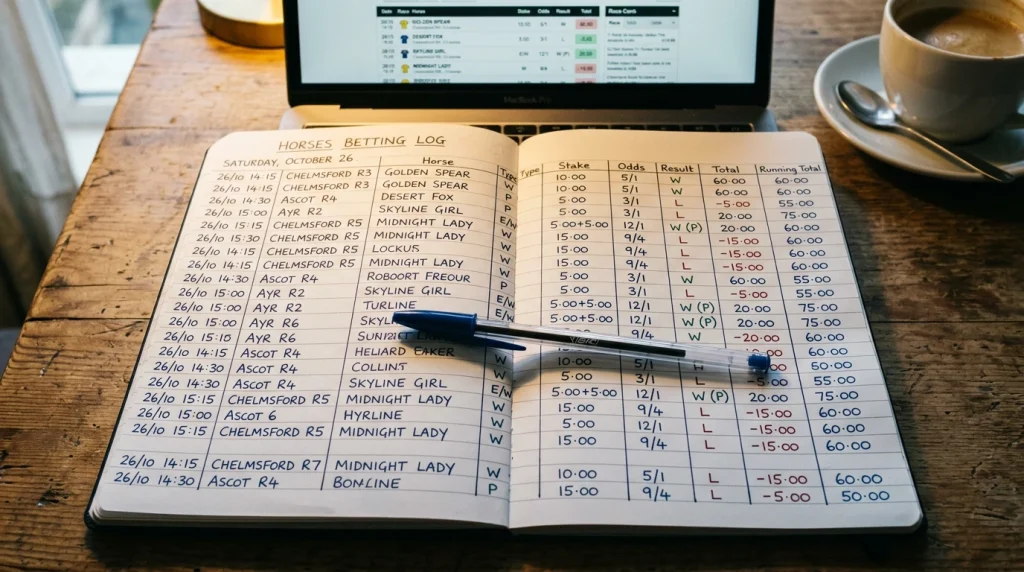 Spreadsheet showing bankroll tracking and staking calculations for horse racing