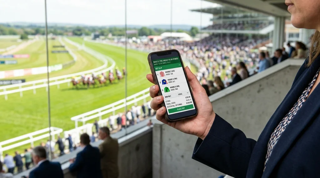 Person holding a smartphone displaying a horse racing bet slip with a racecourse grandstand in the background