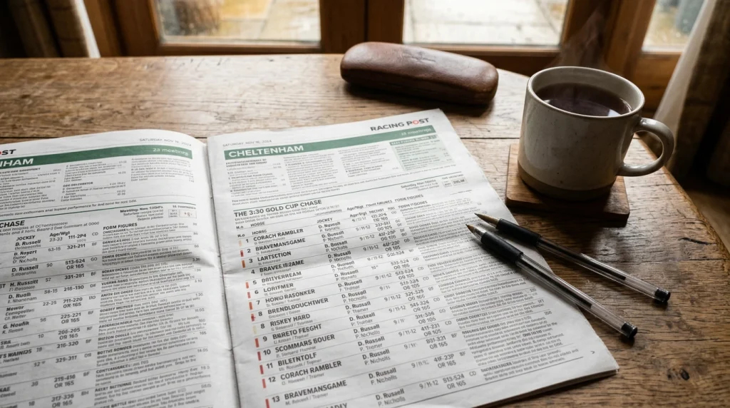 Close-up of a printed UK horse racing form guide with racecard details and form figures visible