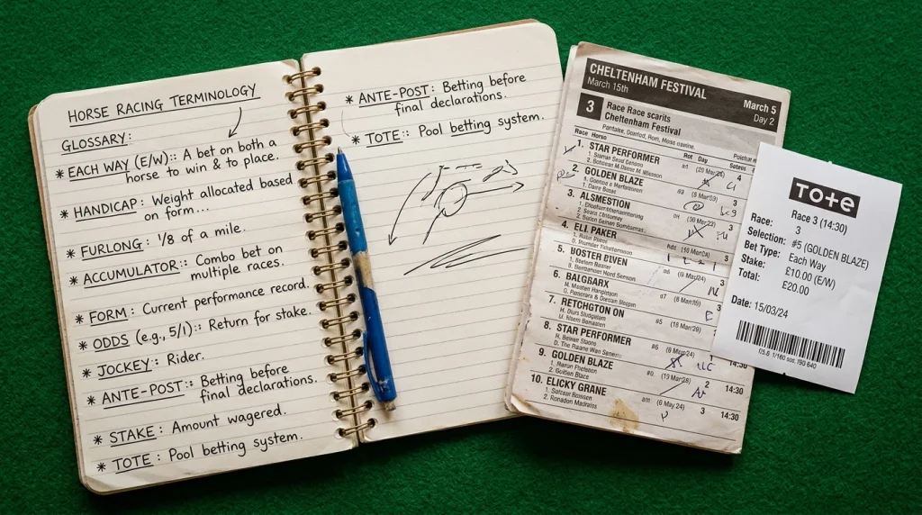 Open notebook with racing terminology notes beside a folded racecard and betting slip