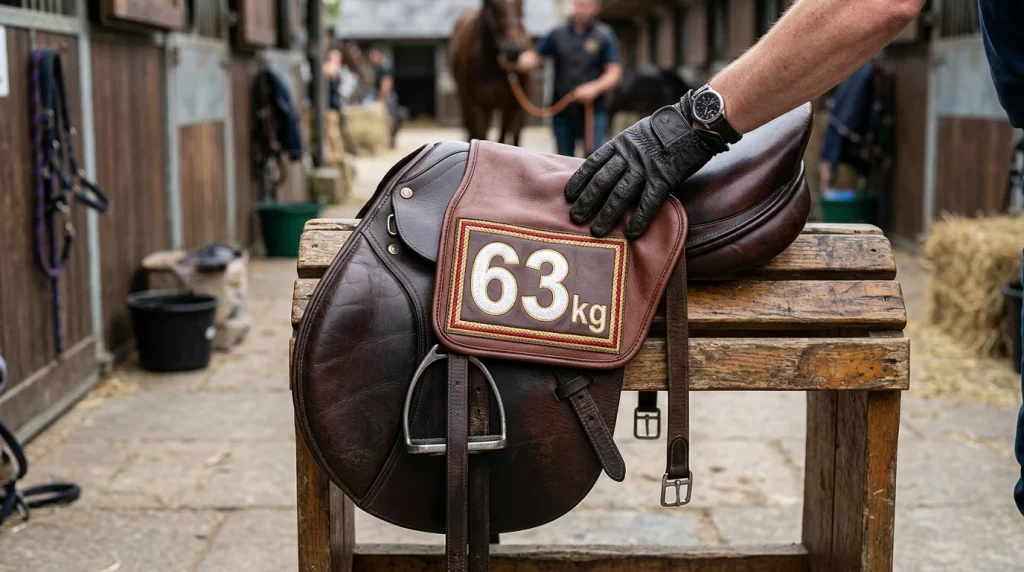 Weight cloth being placed on a racehorse saddle with the handicap weight number visible