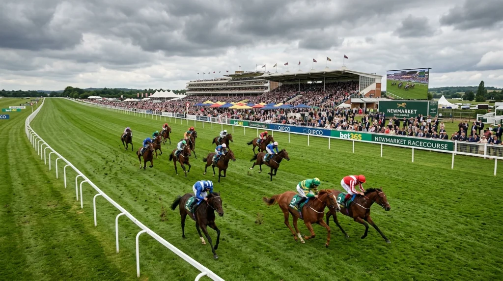 Overhead view of a UK racecourse straight showing horses in different running positions with pace annotations
