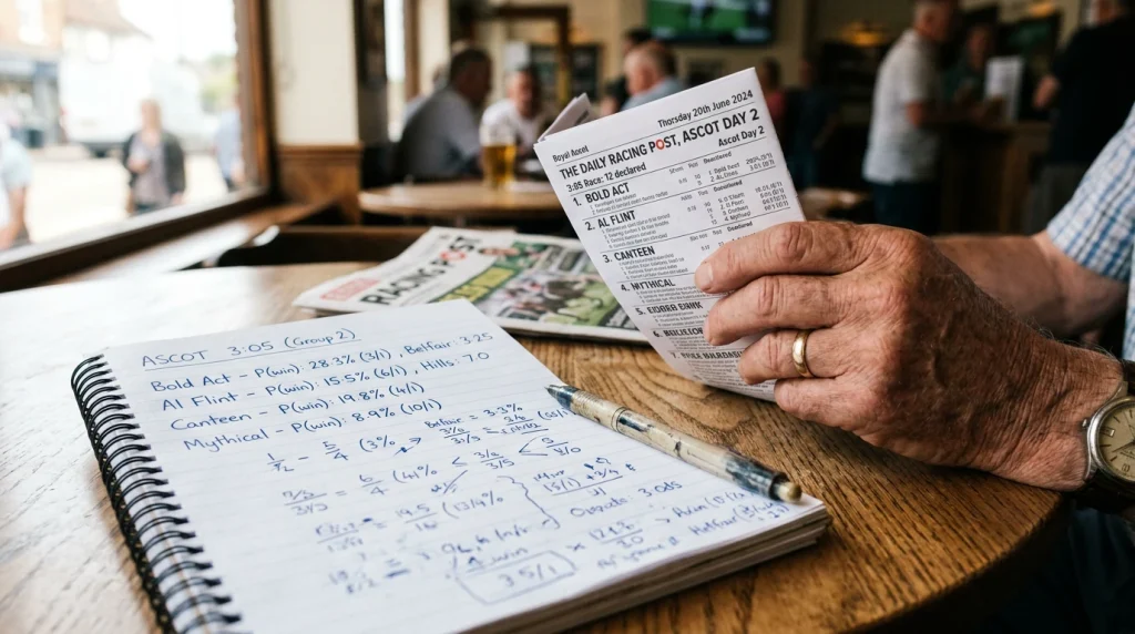 Racecard and odds board illustrating value betting concepts in UK horse racing