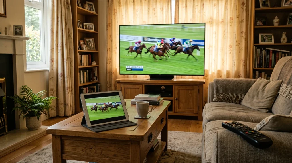 Television screen and tablet side by side showing a UK horse race broadcast with ITV Racing branding