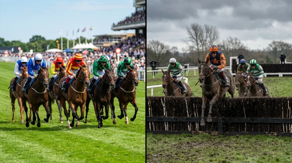 Split view of a Flat sprint finish at Ascot and a jumps race clearing a fence at Cheltenham