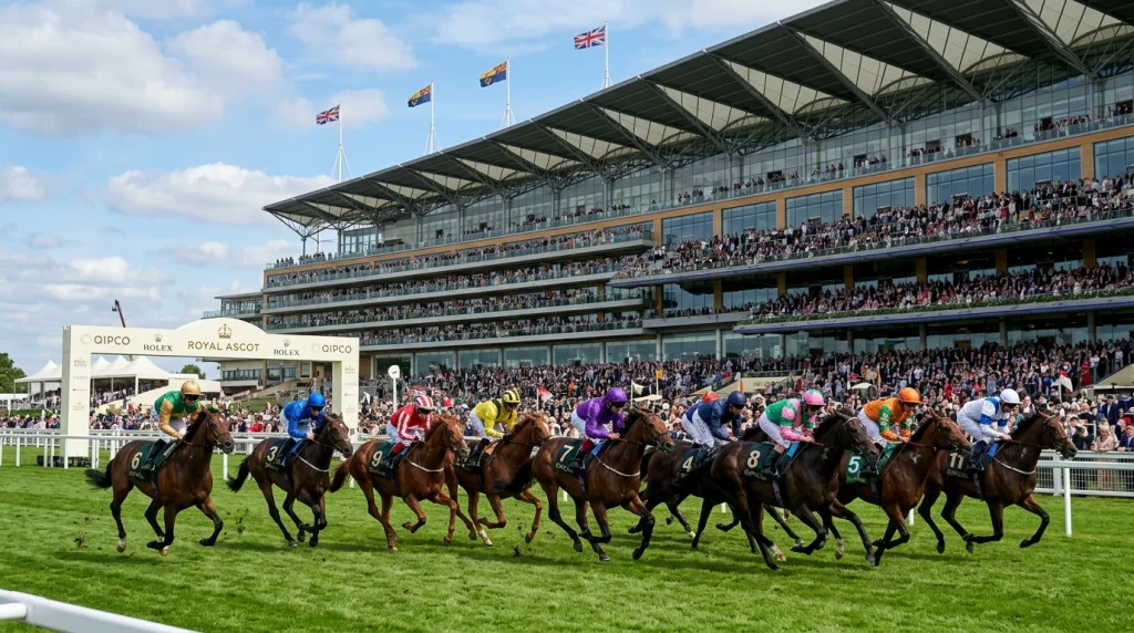 Royal Ascot racecourse grandstand with runners in the straight mile during a Group race