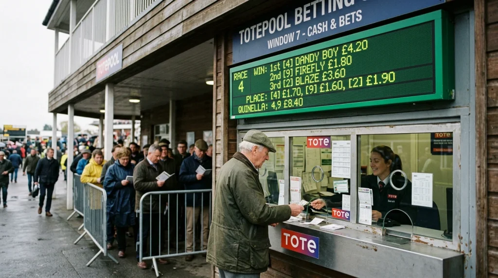 Tote pool betting terminal displaying Placepot dividends at a UK racecourse