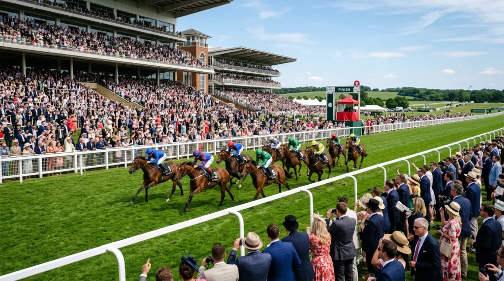 Packed grandstand at a major UK horse racing festival with runners approaching the finishing post