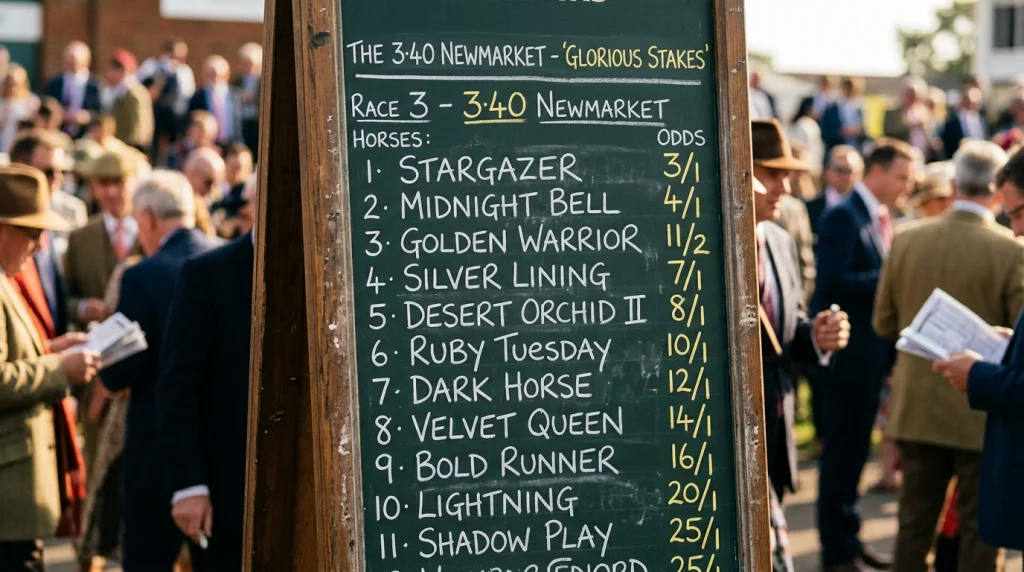 Fractional and decimal horse racing odds displayed on a traditional UK bookmaker board at the racecourse