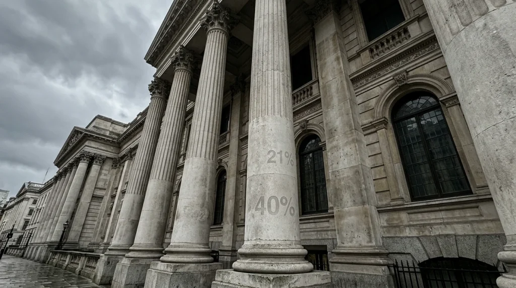 Whitehall facade with overlaid graphics showing tax rate percentages rising from 21 to 40 percent